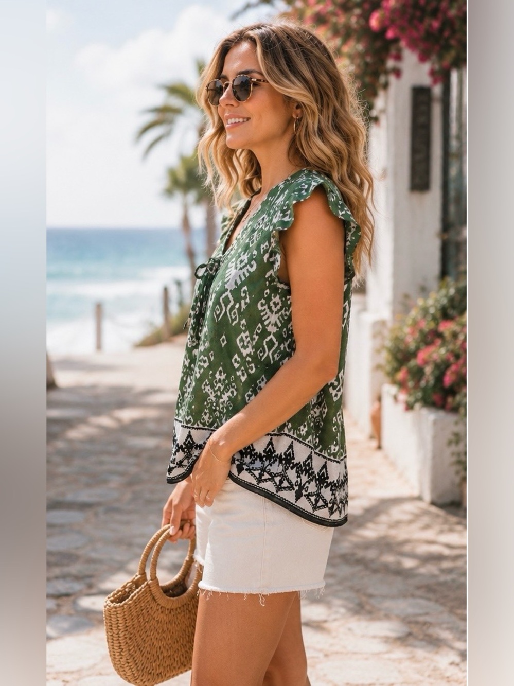 Rachel Zoe Linen Blouse Print Ruffle Sleeve Boho Top vacation style